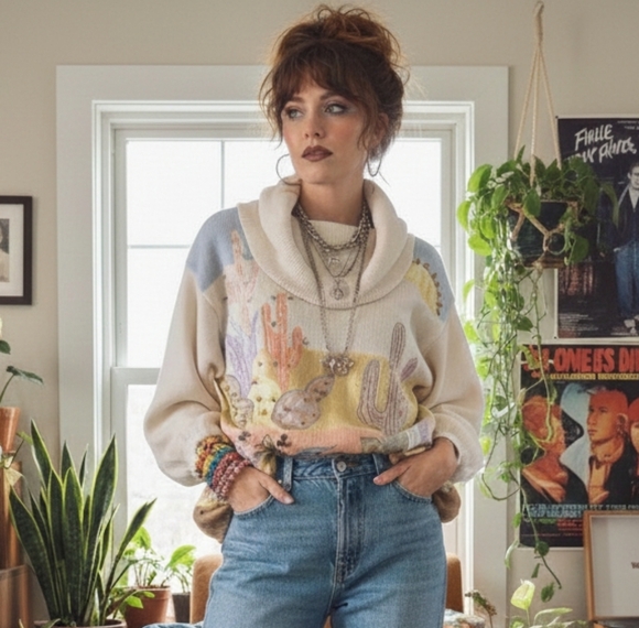 Franco Valerie M Vintage 90s Artsy Fun Eclectic Embroidered Beaded Turtleneck - Picture 3 of 15